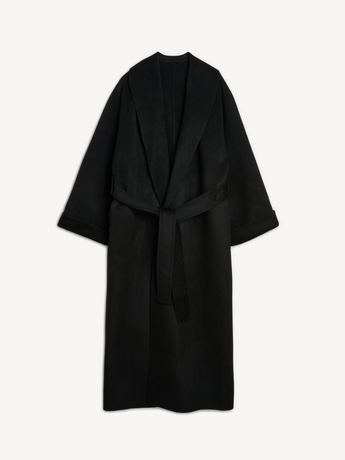 Manteau Trullem de By Malene Birger en laine noire, col châle et ceinture nouée à la taille