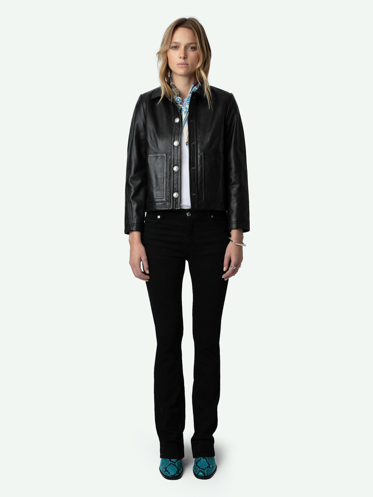 Veste courte en cuir noir lisse Litchi de Zadig&Voltaire, col chemise et pressions argentées
