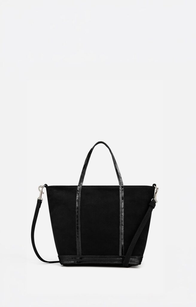 Cabas S zippé en cuir nubuck noir Vanessa Bruno, anses et bordures à paillettes, bandoulière amovible