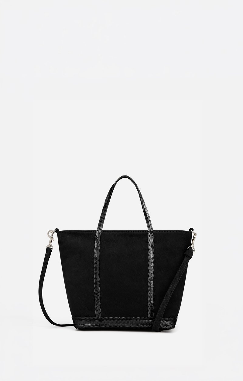 Cabas S zippé en cuir nubuck noir Vanessa Bruno, anses et bordures à paillettes, bandoulière amovible