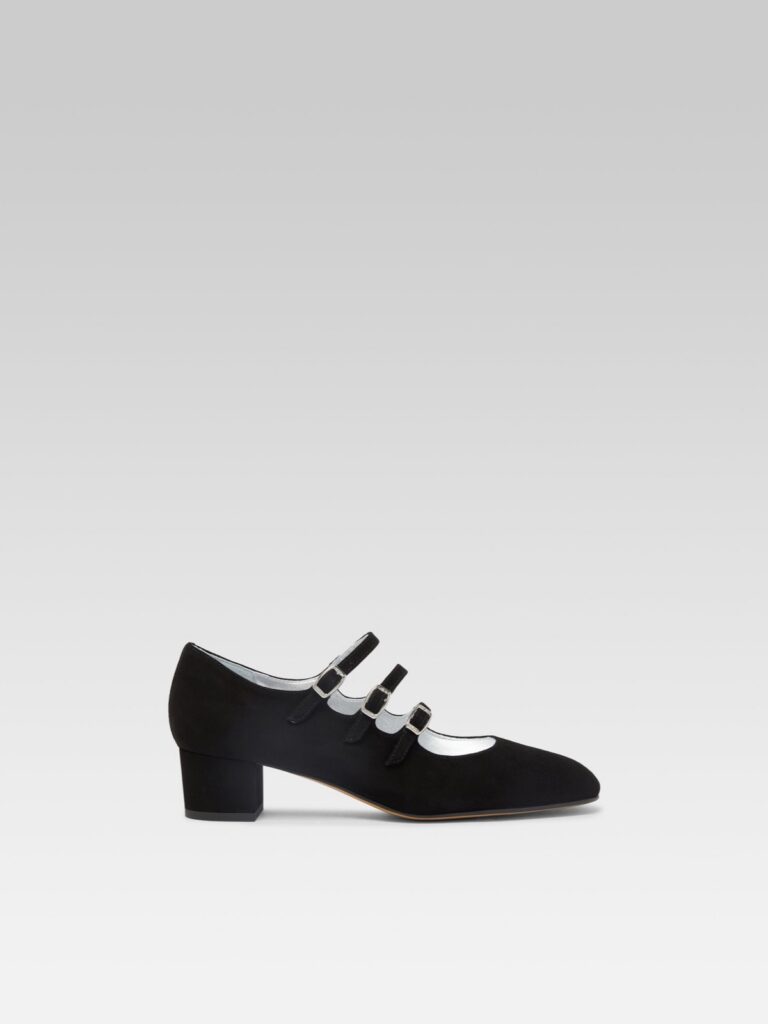 Escarpin Mary Jane Kina en velours de cuir noir de Carel, talon bottier et trois brides sur le cou-de-pied
