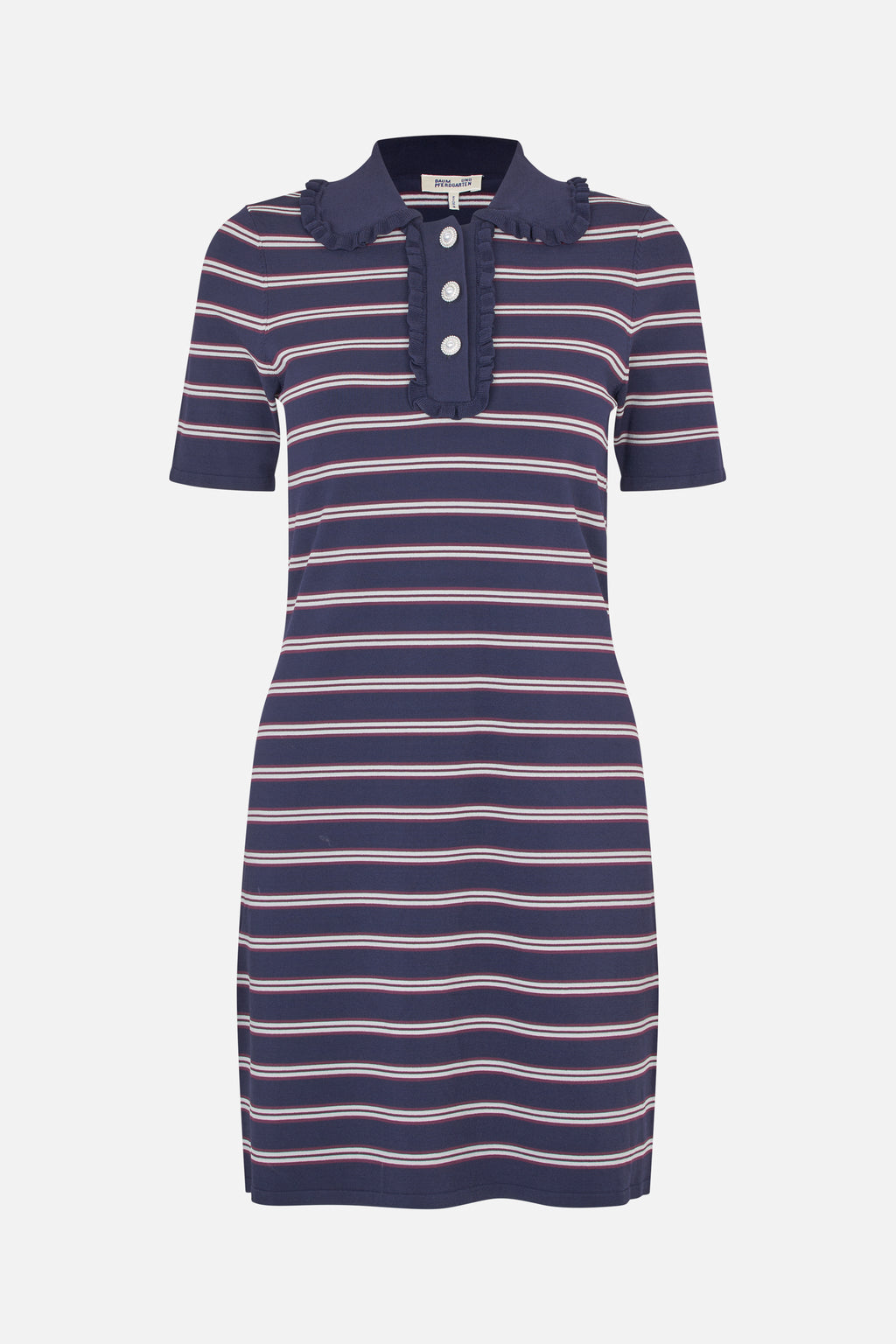 Robe Cata de Baum und Pferdgarten en maille rayée bleu marine, blanc et prune, col polo à volants et trois boutons camée