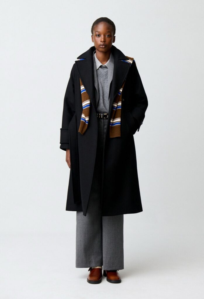 Long manteau noir en laine mélangée à col tailleur et ceinture, porté sur un pantalon gris, Claudie Pierlot