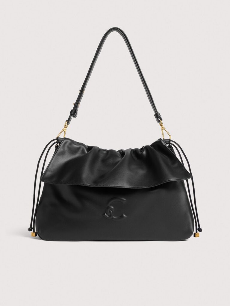 Sac Lidia medium de Coccinelle en cuir noir, haut froncé, logo C-Me en relief et cordons à embouts dorés