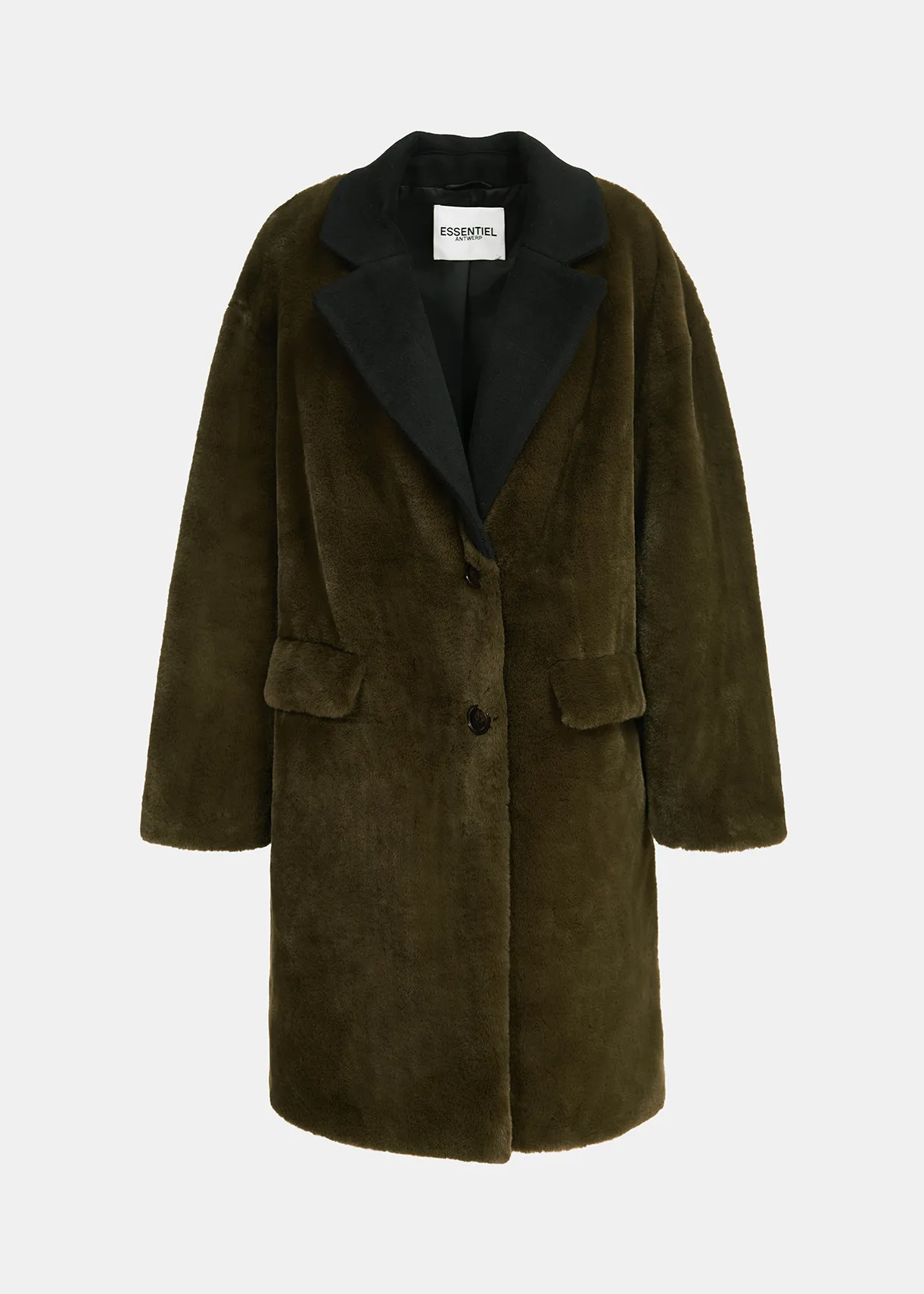 Manteau en fausse fourrure kaki à col et revers en laine noire, signé Essentiel Antwerp