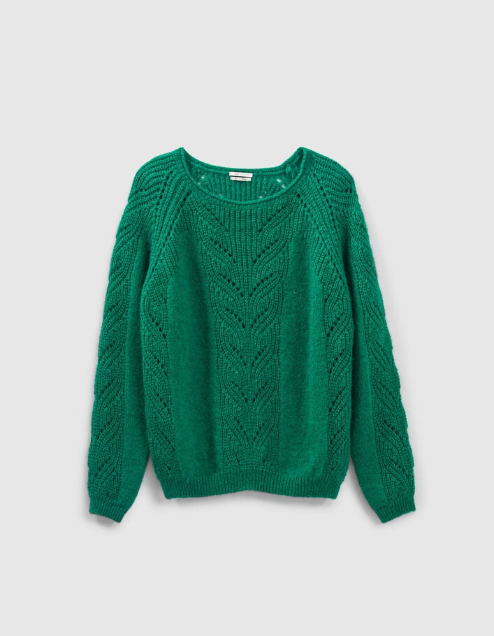 Pull en maille ajourée vert à col rond roulotté IKKS, motifs de feuilles ajourées sur fond clair