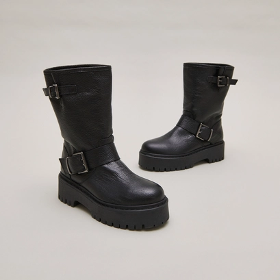 Bottes mi-mollet Riccardo de Jonak en cuir grainé noir, deux boucles et semelle crantée