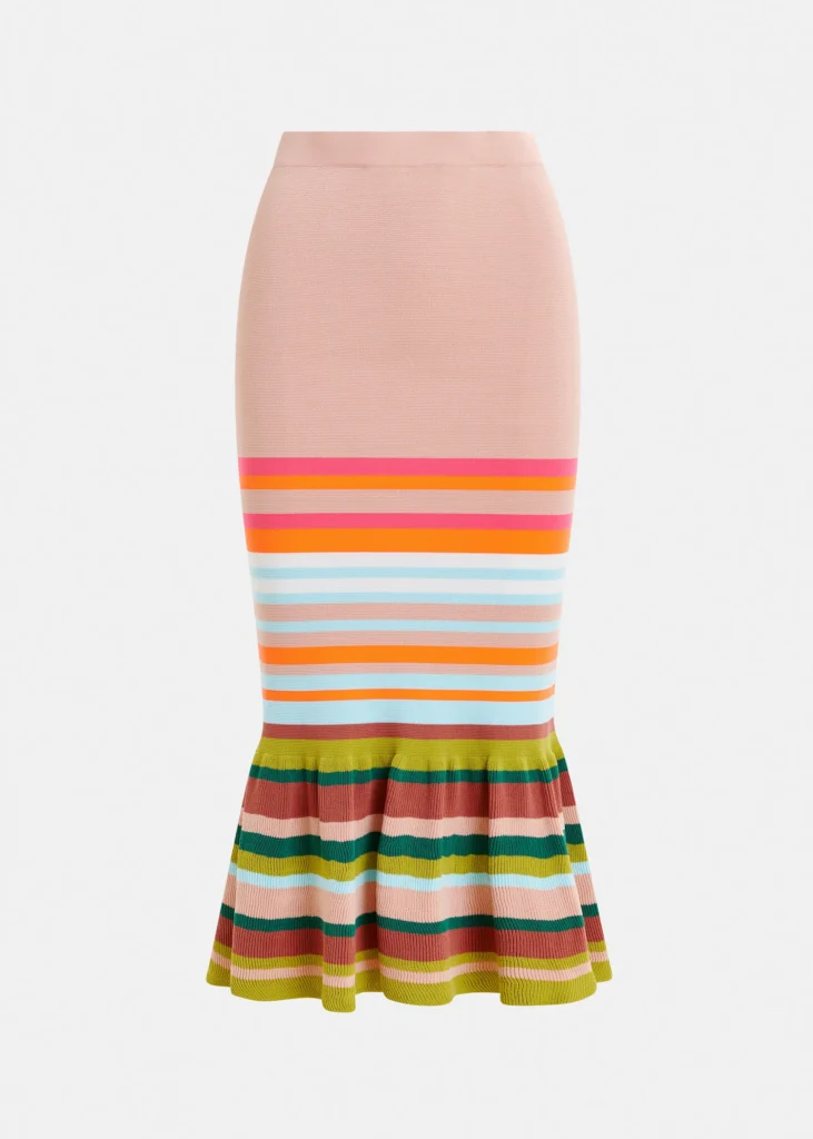 Jupe midi en maille à rayures vieux rose et multicolore avec ourlet à volants, Essentiel Antwerp