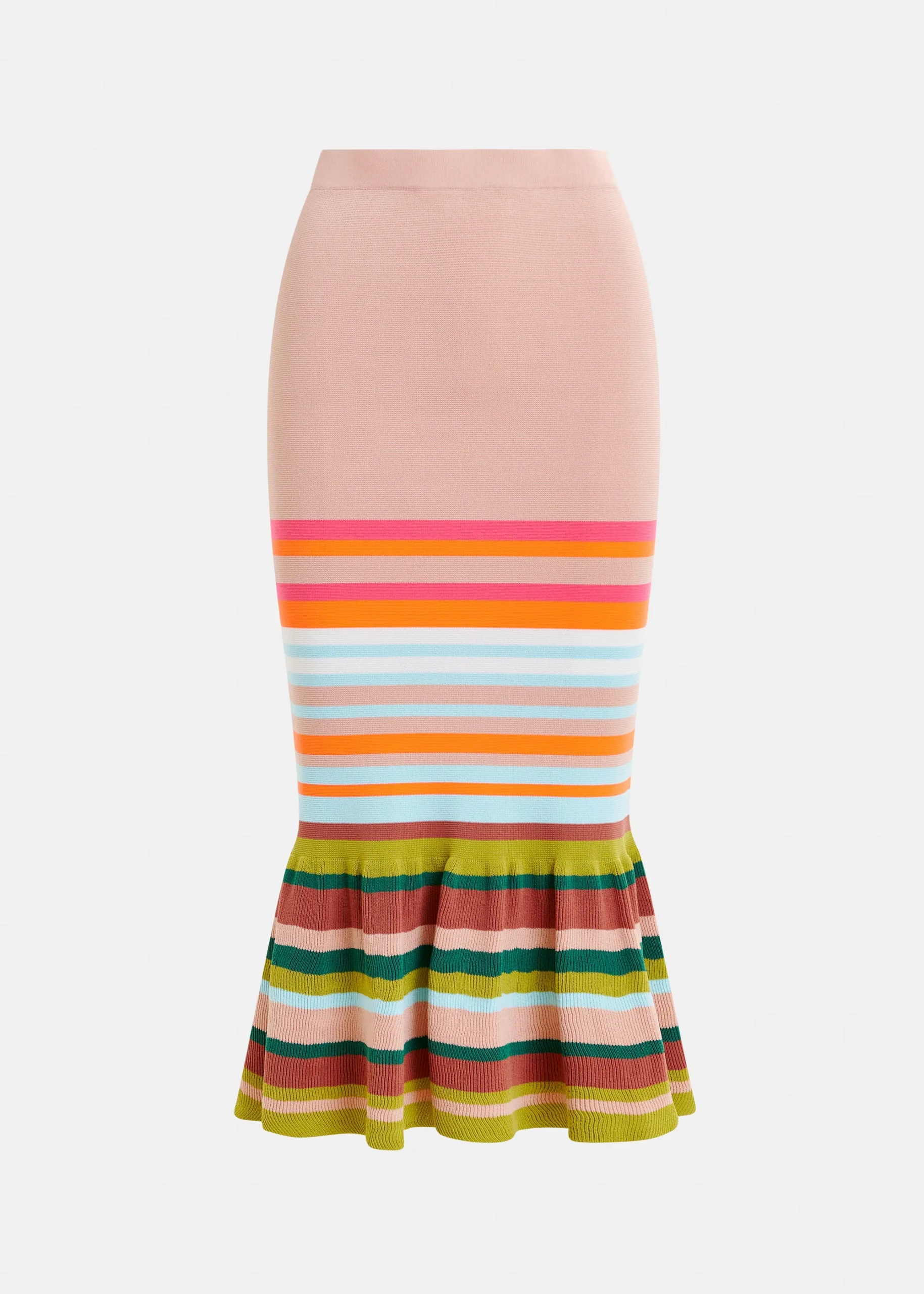 Jupe midi en maille à rayures vieux rose et multicolore avec ourlet à volants, Essentiel Antwerp