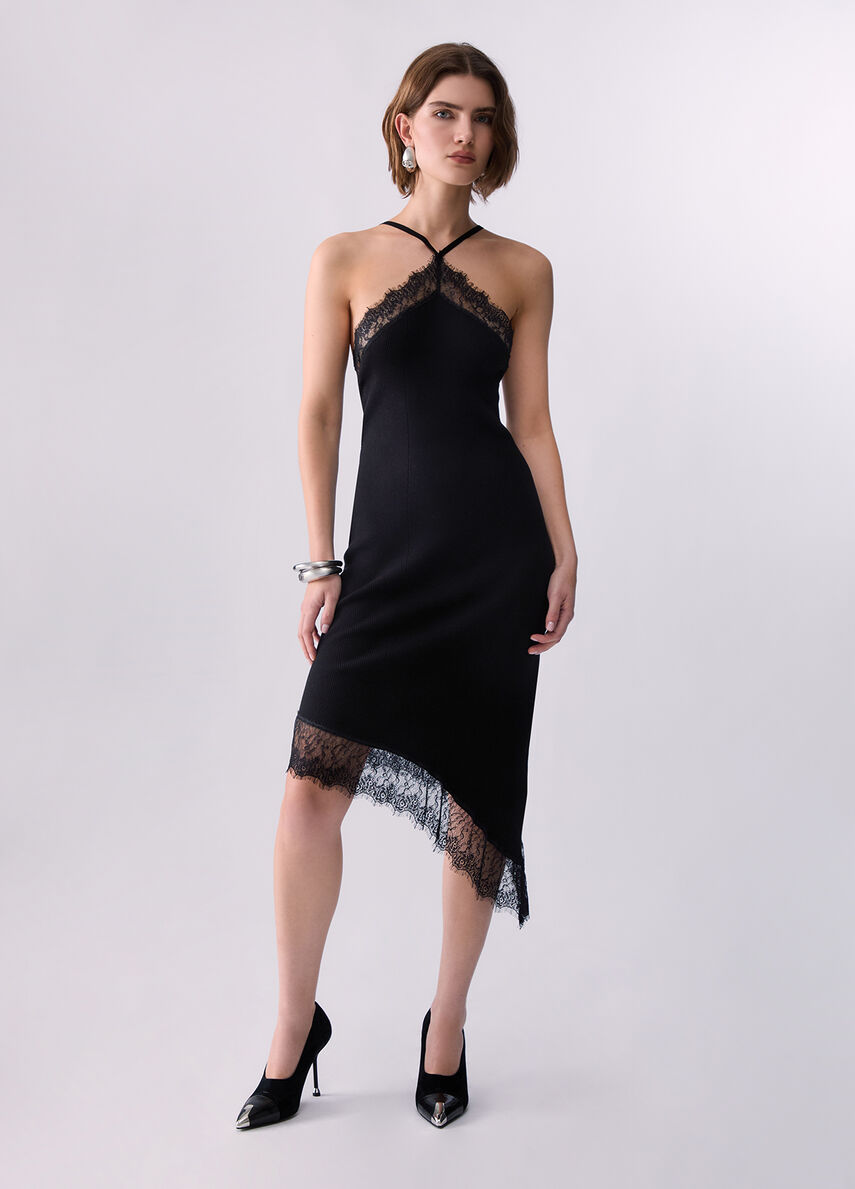 Robe midi noire en maille côtelée à bordures de dentelle et ourlet asymétrique, Liu Jo
