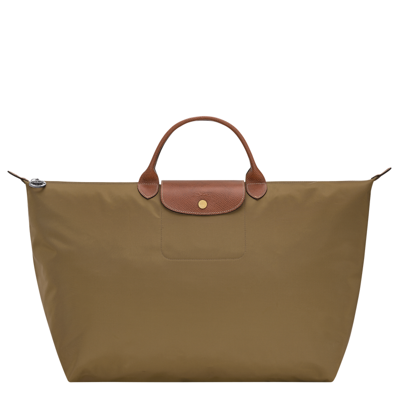 Sac de voyage Longchamp Le Pliage Original en toile olive avec poignees en cuir fauve et bouton dore