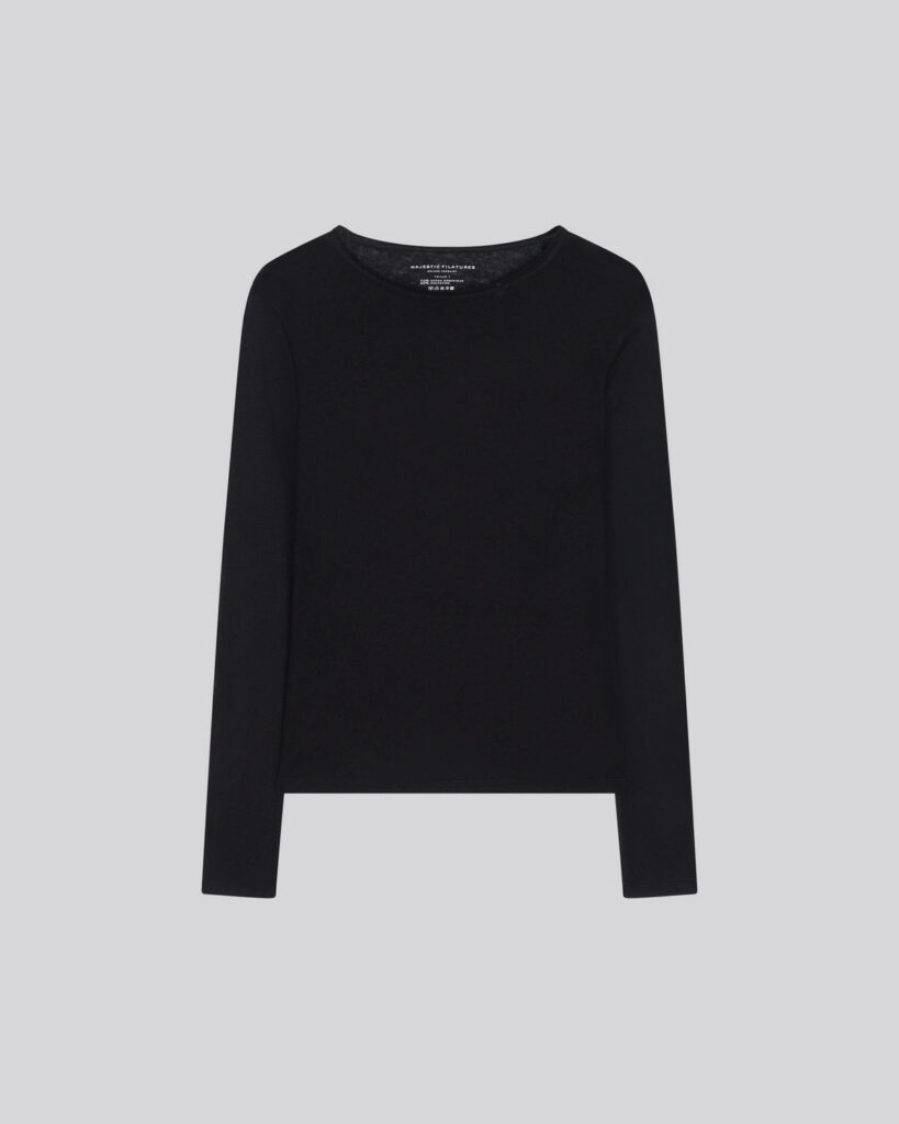 T-shirt noir manches longues a col rond en coton et cachemire de Majestic Filatures