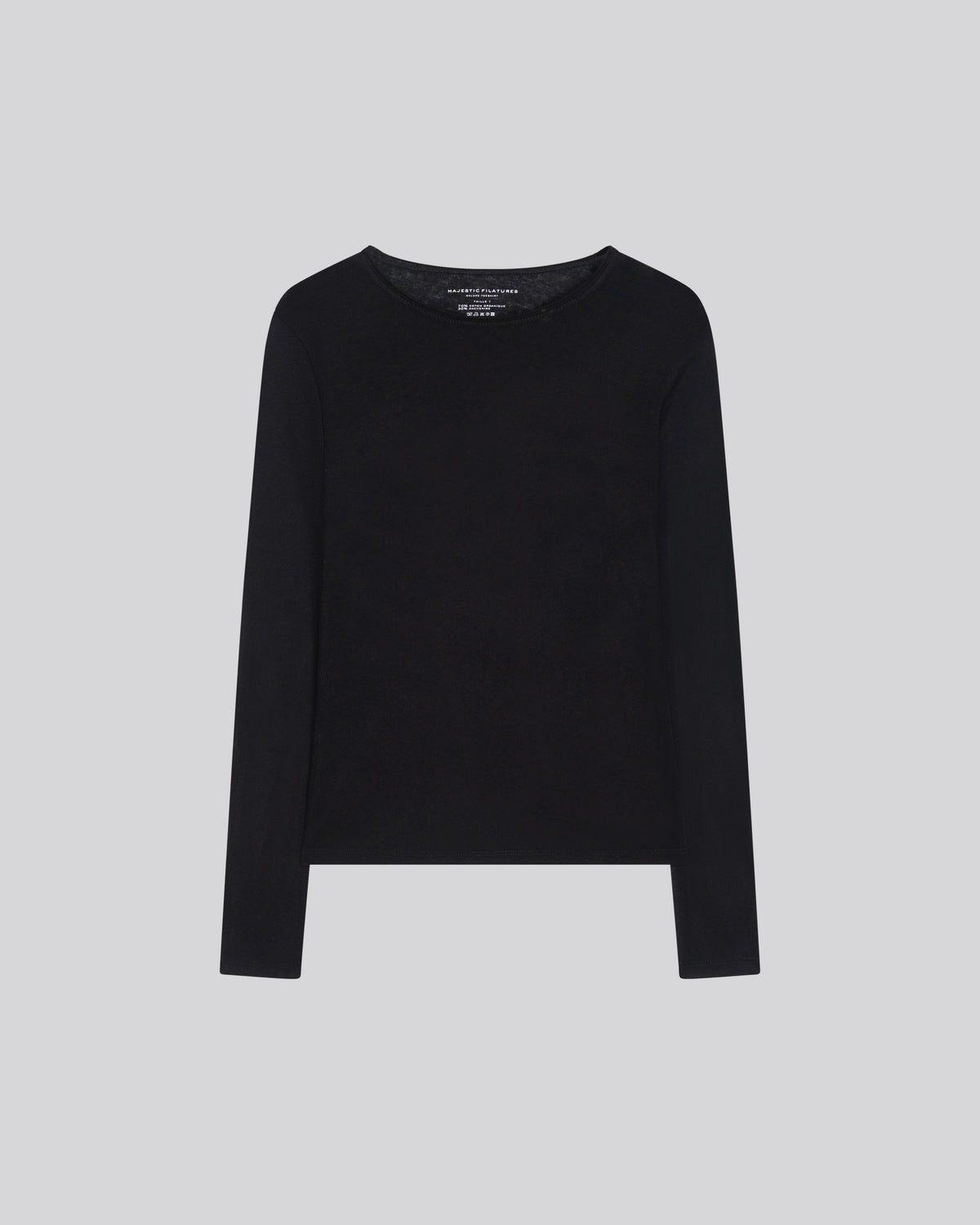 T-shirt noir manches longues a col rond en coton et cachemire de Majestic Filatures