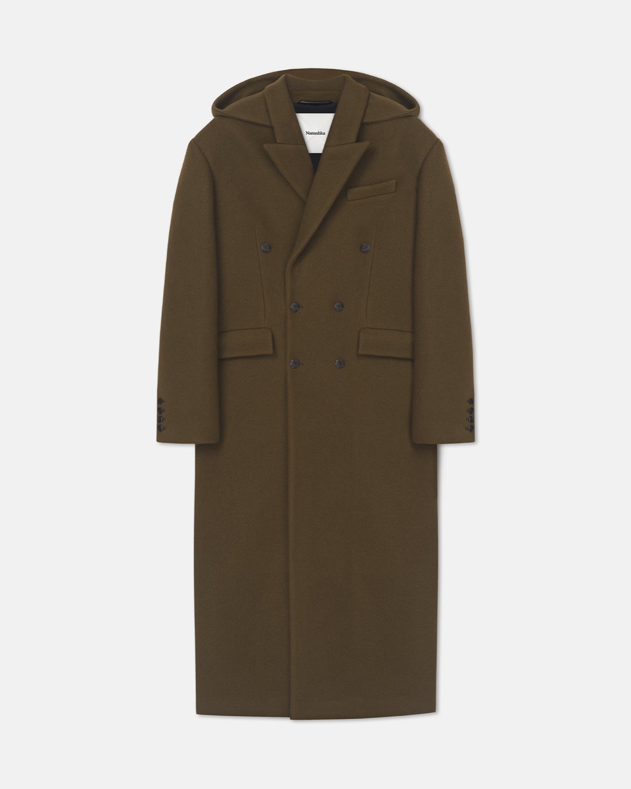 Manteau long croisé Melva de Nanushka en laine feutrée brun kaki, avec capuche