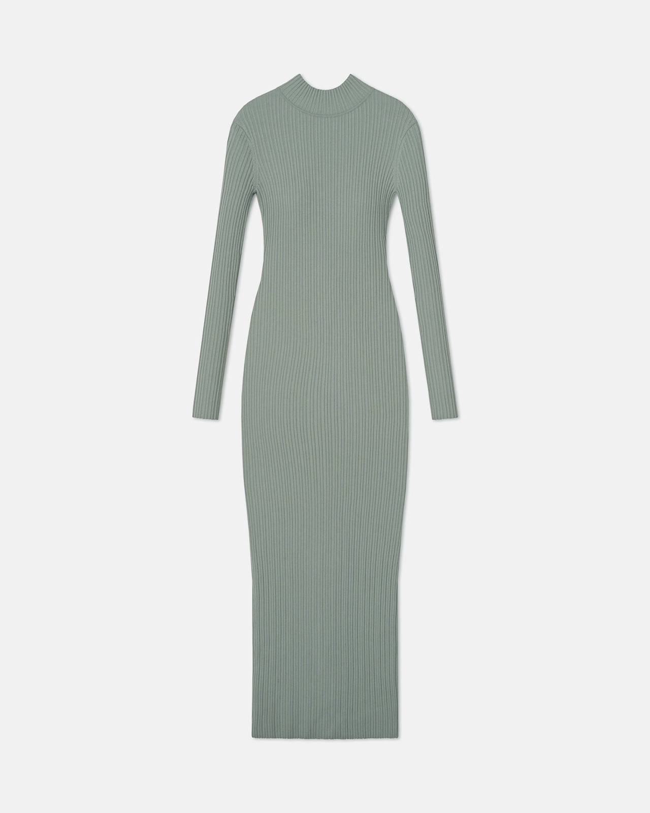 Robe longue Mirell en maille côtelée mérinos vert sauge, col montant et manches longues, de Nanushka