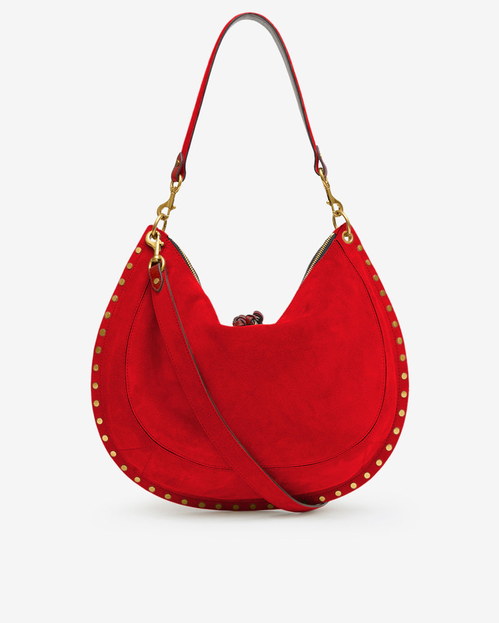 Sac hobo Oskan Soft L en cuir velours rouge écarlate avec bordure cloutée dorée, Isabel Marant