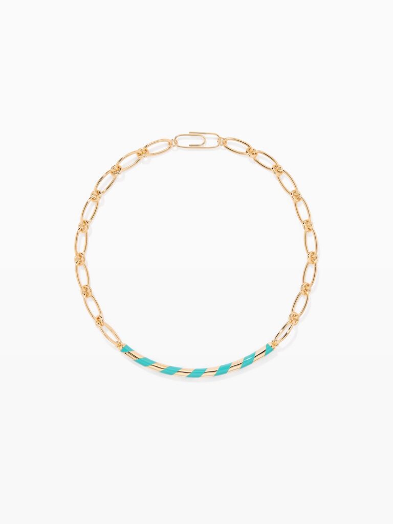 Collier Positano acqua d'Aurélie Bidermann, chaîne dorée avec motif central strié turquoise et or