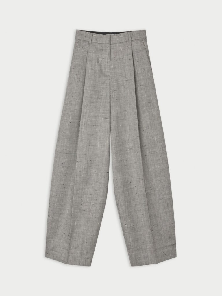 Pantalon large taille haute en laine gris chiné à coupe tonneau et plis repassés, Povilanna de By Malene Birger