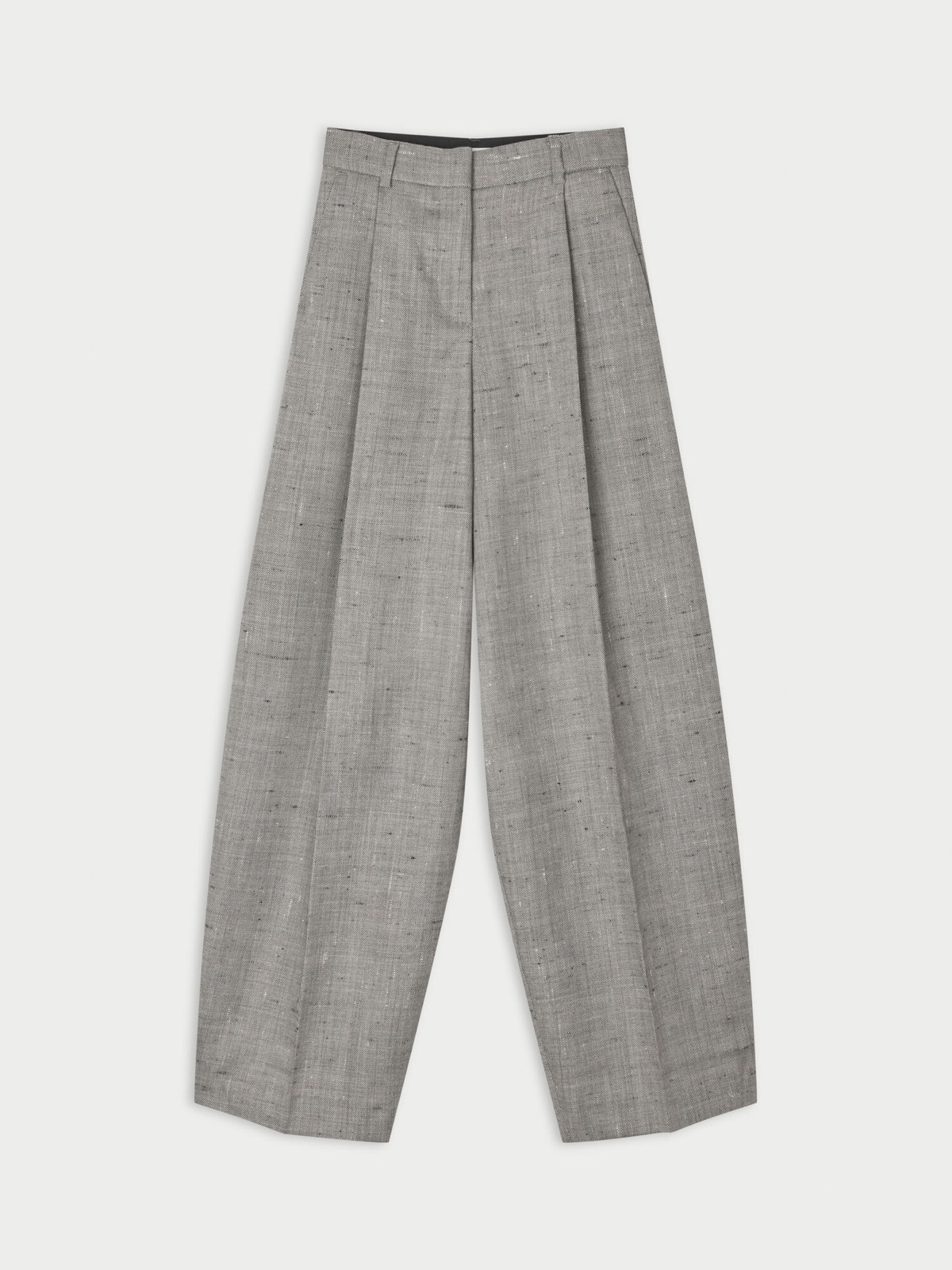 Pantalon large taille haute en laine gris chiné à coupe tonneau et plis repassés, Povilanna de By Malene Birger
