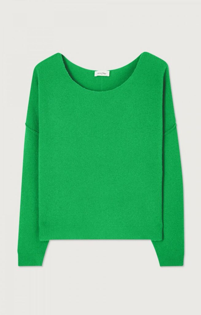 Pull Damsville vert prairie d'American Vintage, maille boule à col bateau et manches longues