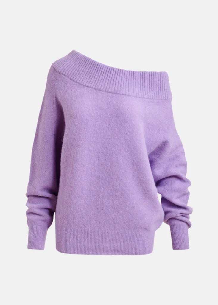 Pull Joff d'Essentiel Antwerp en laine d'alpaga mélangée violet, col bateau à épaules dénudées et bords côtelés