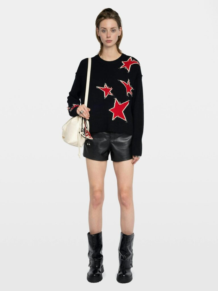Pull Markuz en cachemire noir orné d'étoiles rouges en intarsia, Zadig & Voltaire