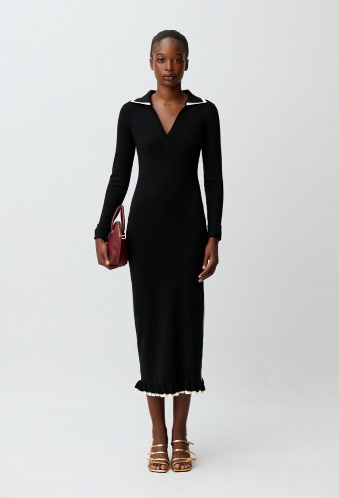 Robe longue Myra en maille noire à col polo contrasté crème, Claudie Pierlot