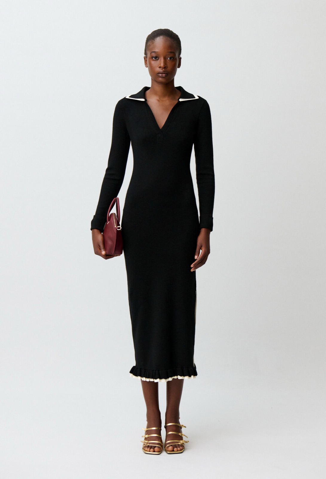 Robe longue Myra en maille noire à col polo contrasté crème, Claudie Pierlot