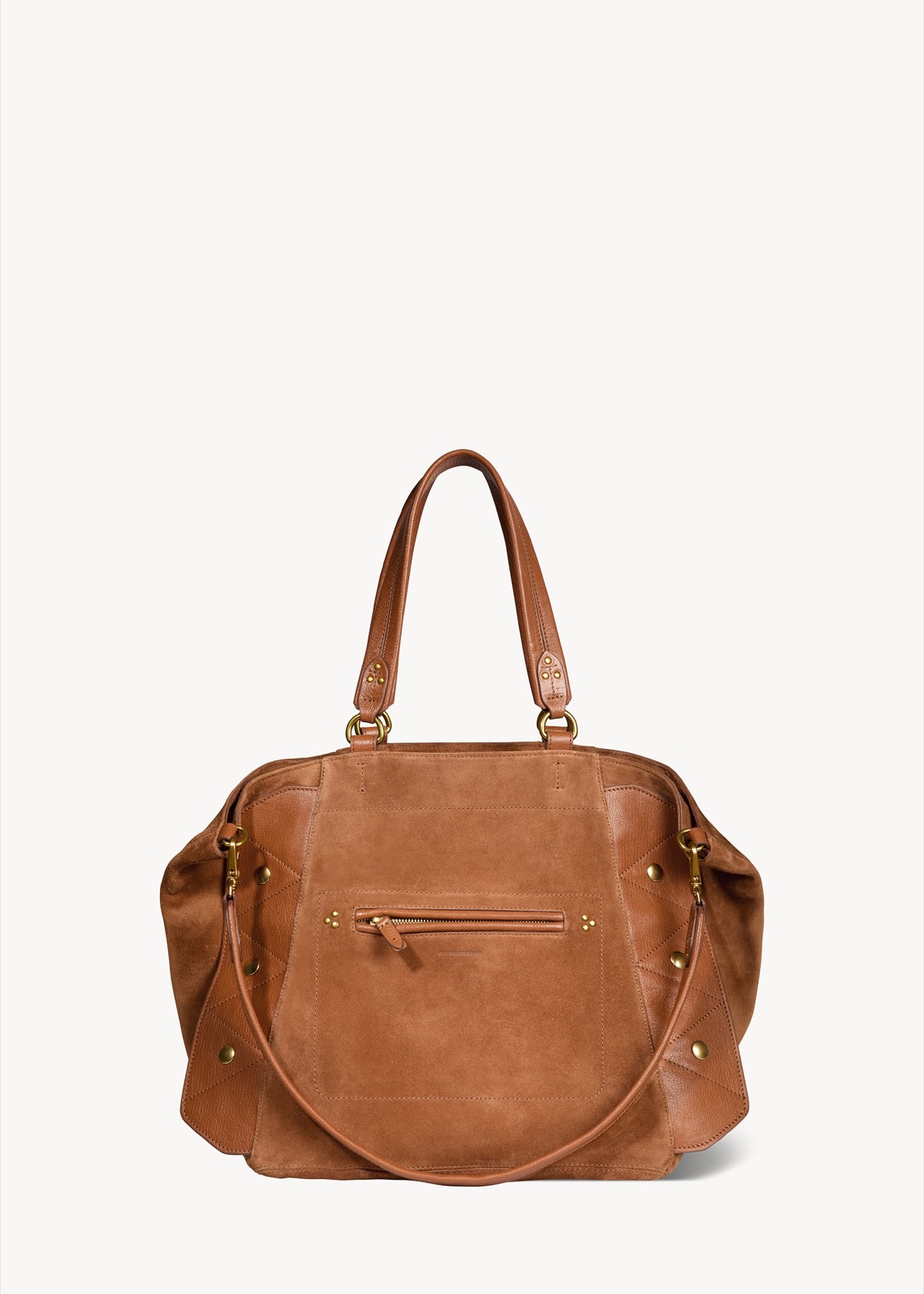 Cabas Roger en croûte de velours caramel de Jérôme Dreyfuss, avec bandes surpiquées et rivets laiton