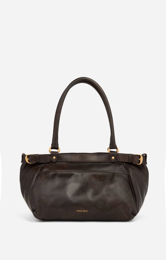 Grand Sac Lune de Vanessa Bruno en cuir café grainé, double anse et boucles latérales dorées