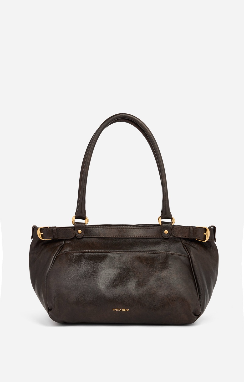 Grand Sac Lune de Vanessa Bruno en cuir café grainé, double anse et boucles latérales dorées