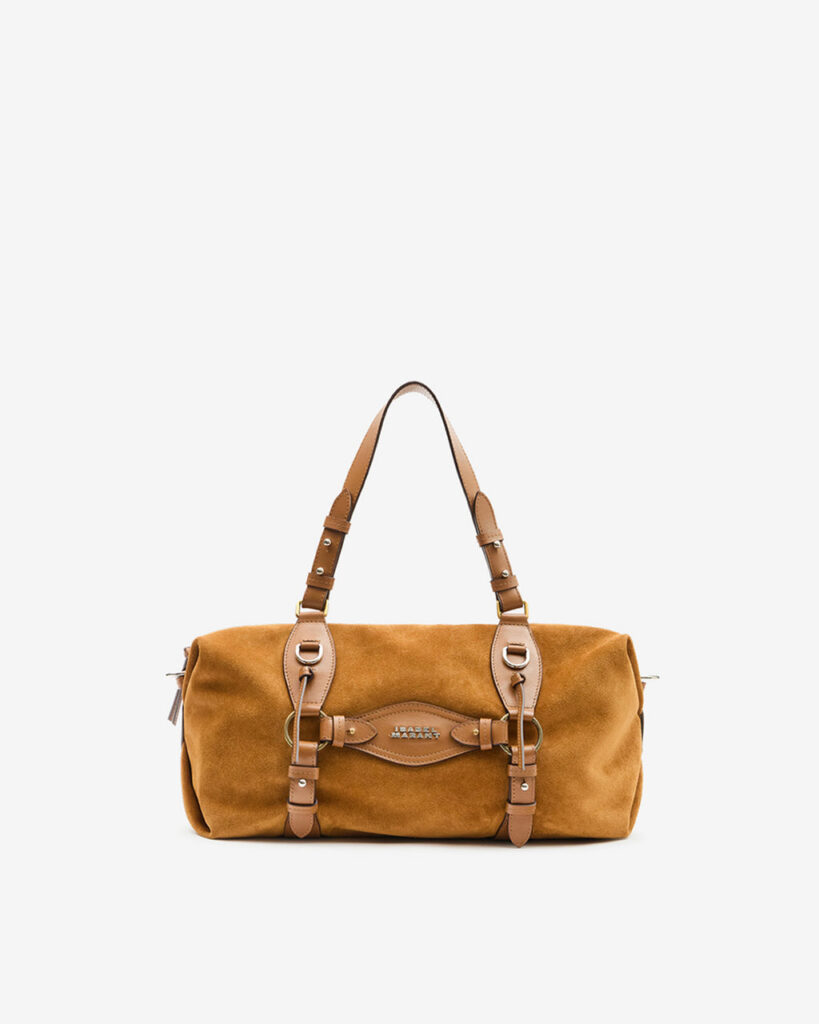 Sac bowling Tilpa d'Isabel Marant en daim fauve avec lanières de cuir chocolat façon harnais