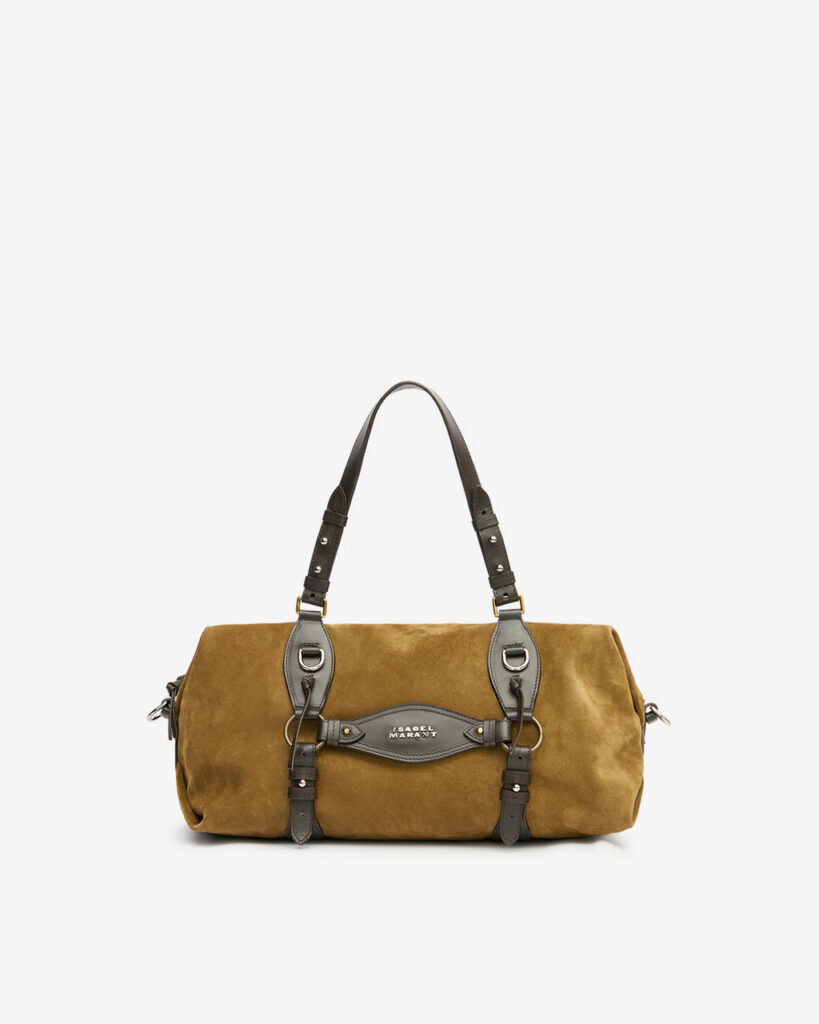 Sac Tilpa d'Isabel Marant en veau velours taupe avec lanieres de cuir chocolat facon harnais