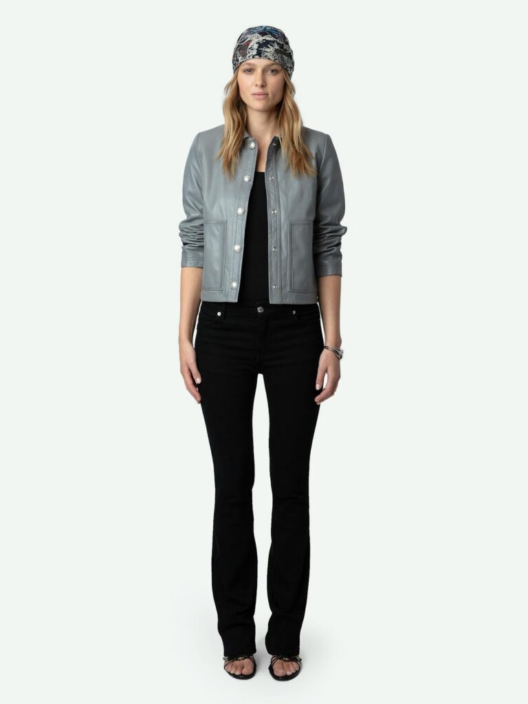 Veste Litchi en cuir d'agneau gris acier de Zadig & Voltaire, coupe courte à boutons pression