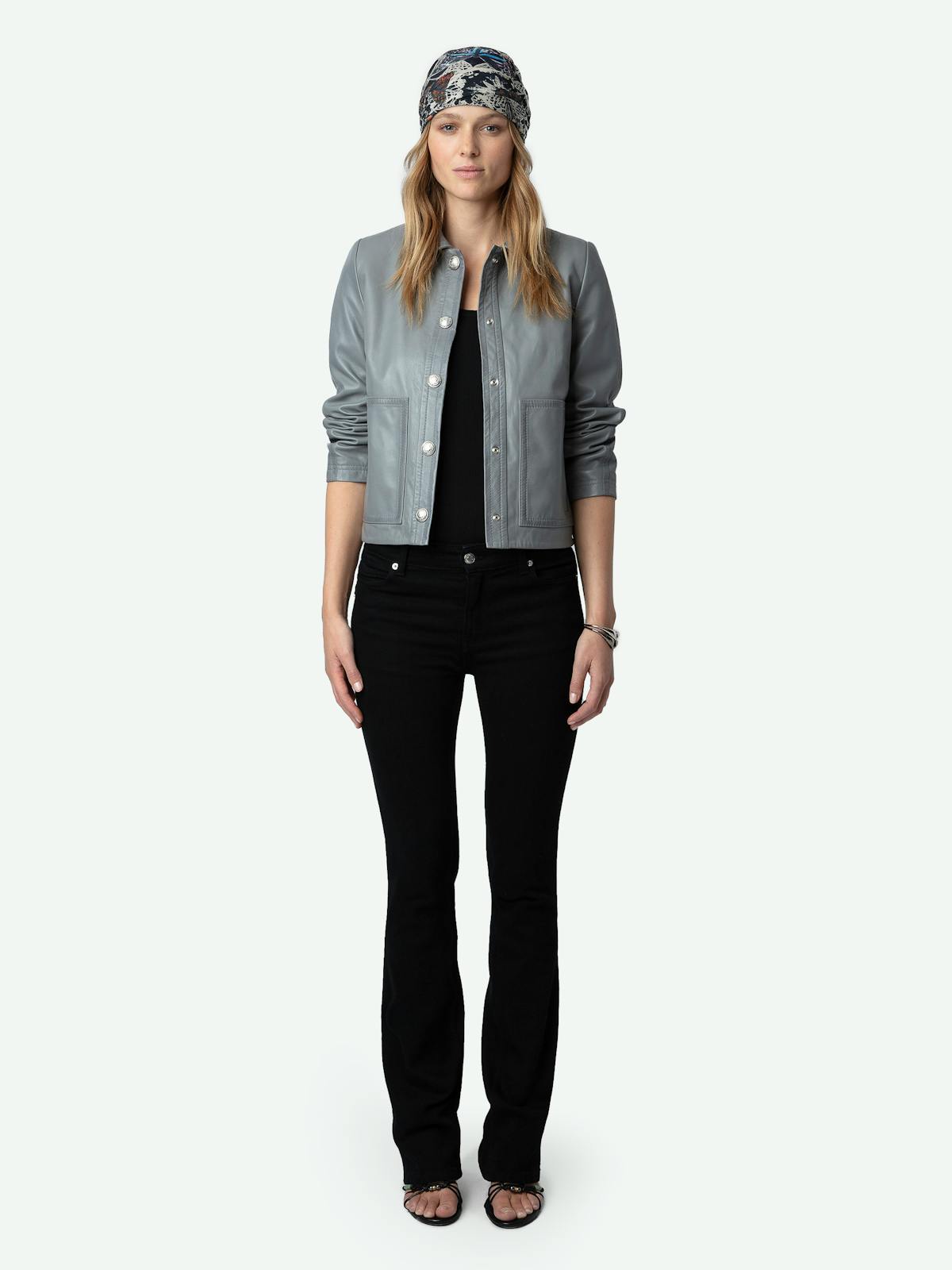 Veste Litchi en cuir d'agneau gris acier de Zadig & Voltaire, coupe courte à boutons pression
