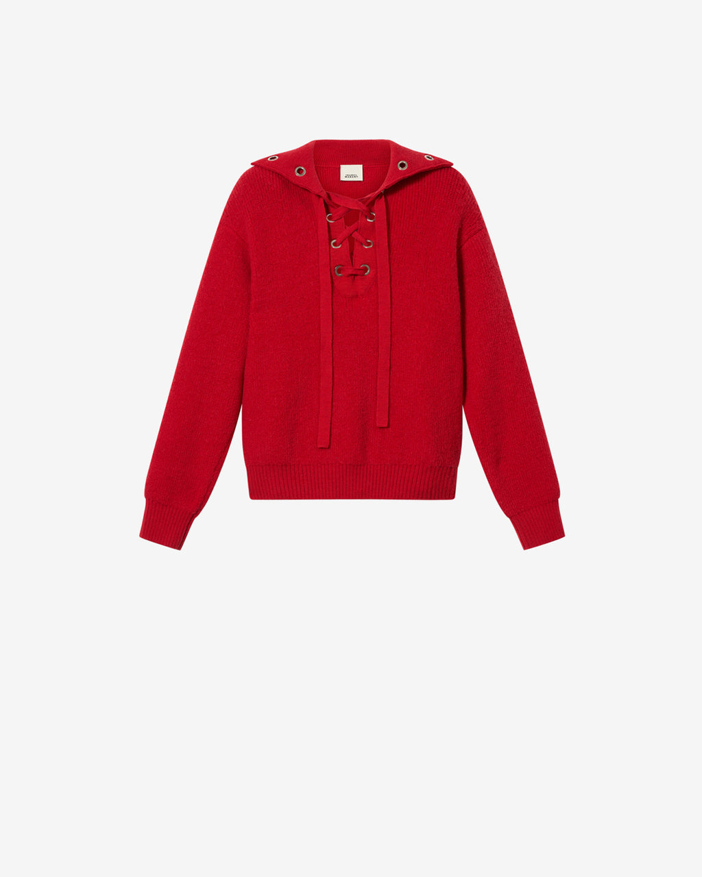 Pull Ydalia d'Isabel Marant en laine rouge, grand col ouvert et laçage croisé à œillets métalliques